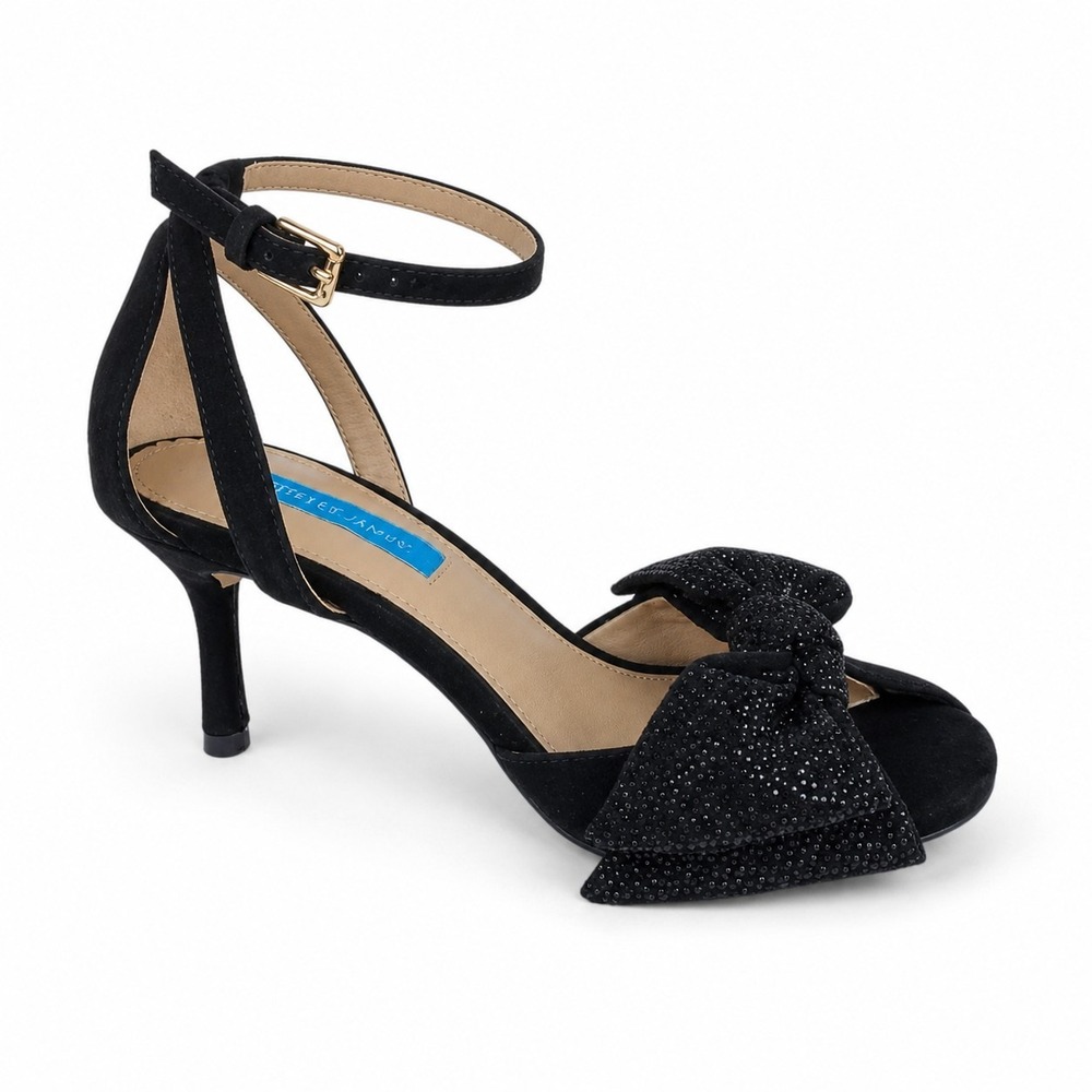 Draper James Stiletto Heels 7.5 Black Rhinestone Bow Ankle Strap Buckle Open Toe